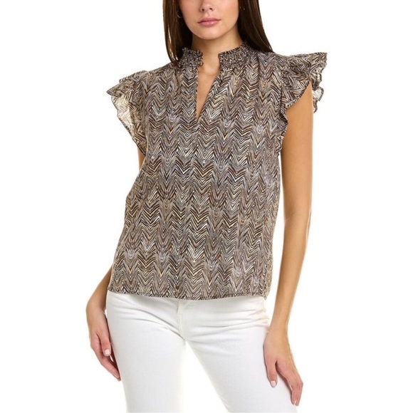 Jude Connally honey Ruffle flutter smocked Top Chevron Print Gold keyhole - Picture 1 of 13